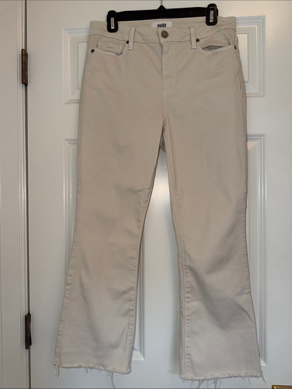 PAIGE Rory Crop Flare Jean in Light Cream with Raw Hem